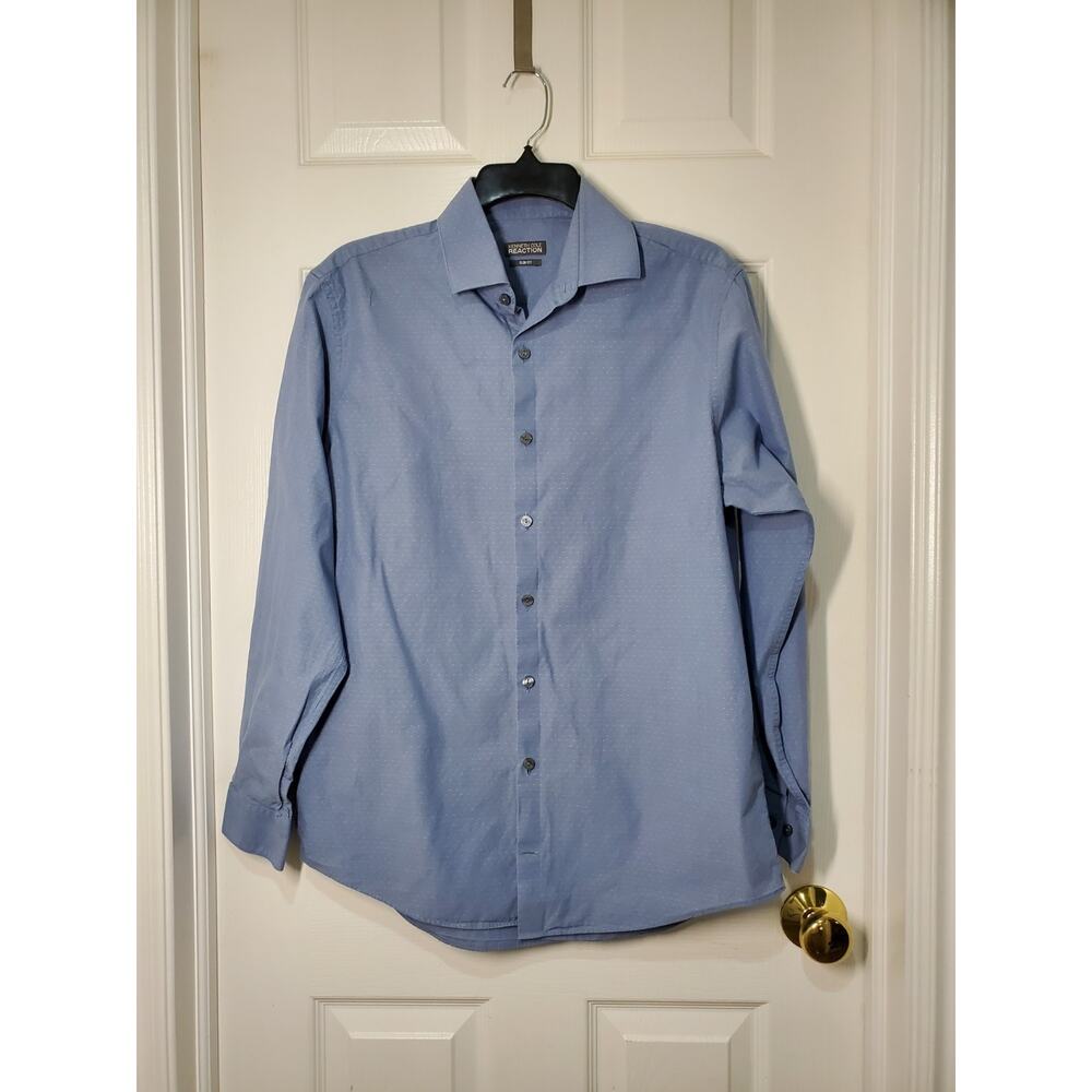 Kenneth Cole Reaction Slim Fit Dress Shirt 15.5 32‑33 Blue Cotton Dry‑Tek